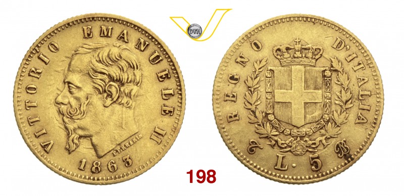 VITTORIO EMANUELE II (1861-1878) 5 Lire 1863 Torino. MIR 1080a Pag. 479 Au g 1,6...