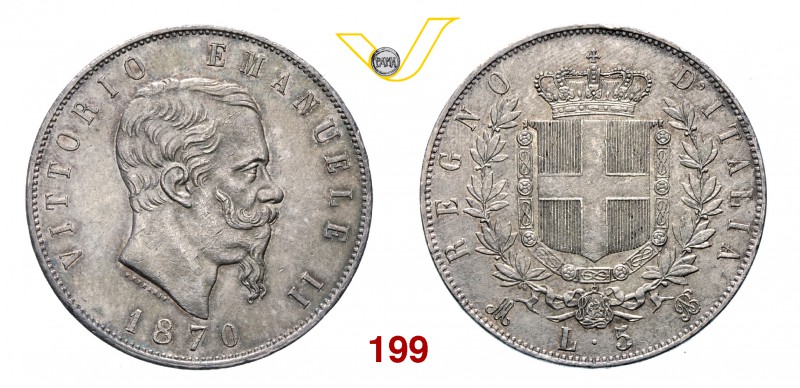 VITTORIO EMANUELE II (1861-1878) 5 Lire 1870 Milano. MIR 1082i Pag. 490 Ag g 24,...