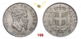 VITTORIO EMANUELE II (1861-1878) 5 Lire 1870 Milano. MIR 1082i Pag. 490 Ag g 24,97 • Bella patina SPL+