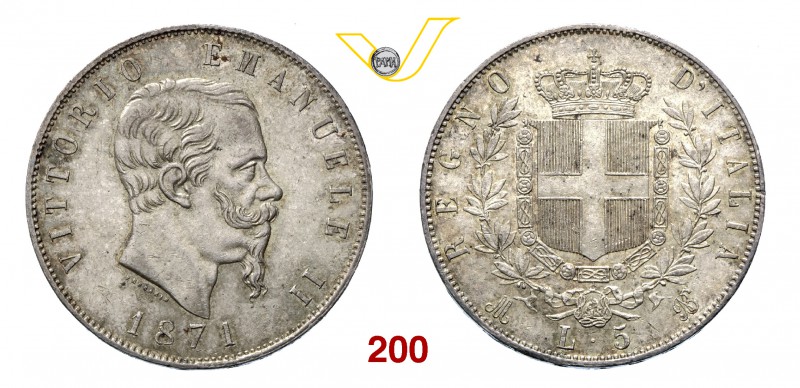 VITTORIO EMANUELE II (1861-1878) 5 Lire 1871 Milano. MIR 1082m Pag. 492 Ag g 25,...