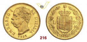 UMBERTO I (1878-1900) 20 Lire 1891 Roma. Pag. 586 MIR 1098p Au • Fondi speculari FDC