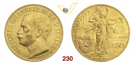 VITTORIO EMANUELE III (1900-1946) 50 Lire 1911 Roma “cinquantenario”. Pag. 656 MIR 1122a Au g 16,15 SPL÷FDC