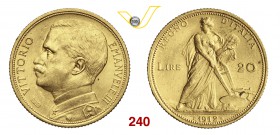 VITTORIO EMANUELE III (1900-1946) 20 Lire 1912 Roma “aratrice”. Pag. 667 MIR 1126b Au g 6,45 Rara q.FDC/SPL