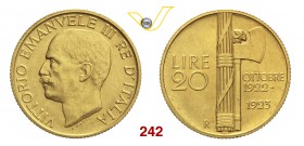VITTORIO EMANUELE III (1900-1946) 20 Lire 1923 Roma “fascetto”. Pag. 670 MIR 1127a Au g 6,45 Rara SPL+