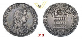 MONACO LUDOVICO I GRIMALDI (1662-1701) Scudo 1682. D/ Busto corazzato R/ Stemma coronato. MIR 463/1 Ag g 27,02 Rarissima • bella patina BB+