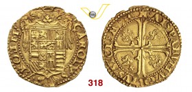 NAPOLI CARLO V (1516-1556) Scudo d'oro s.d. D/ Stemma su aquila bicipite coronata R/ Croce fogliata con fiamme nei quarti. MIR 132/3 Au g 3,37 • Bella...