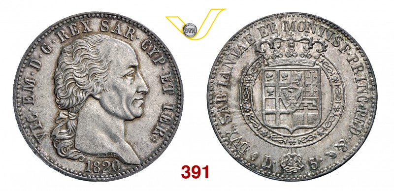 VITTORIO EMANUELE I (1802-1821) 5 Lire 1820 Torino. MIR 1030d Pag. 14 Ag g 25,04...