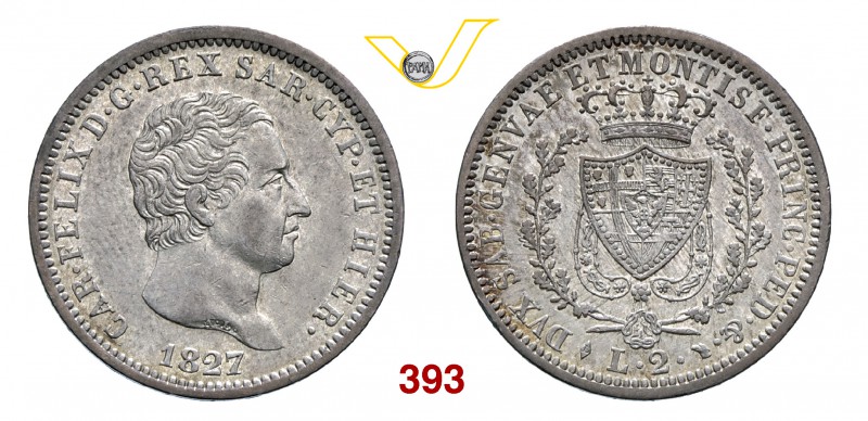 CARLO FELICE (1821-1831) 2 Lire 1827 Torino. MIR 1036g Pag. 88 Ag g 9,98 Rara q....