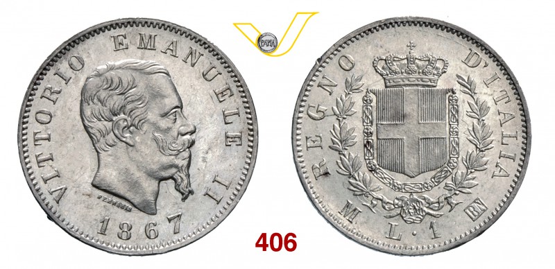 VITTORIO EMANUELE II (1861-1878) Lira 1867 Milano. Pag. 518 MIR 1085g Ag g 4,98 ...