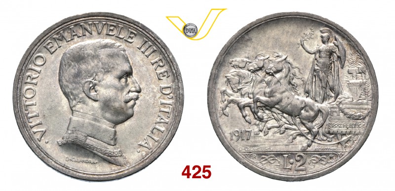 VITTORIO EMANUELE III (1900-1946) 2 Lire 1917 Roma “quadriga”. Pag. 740 MIR 1142...