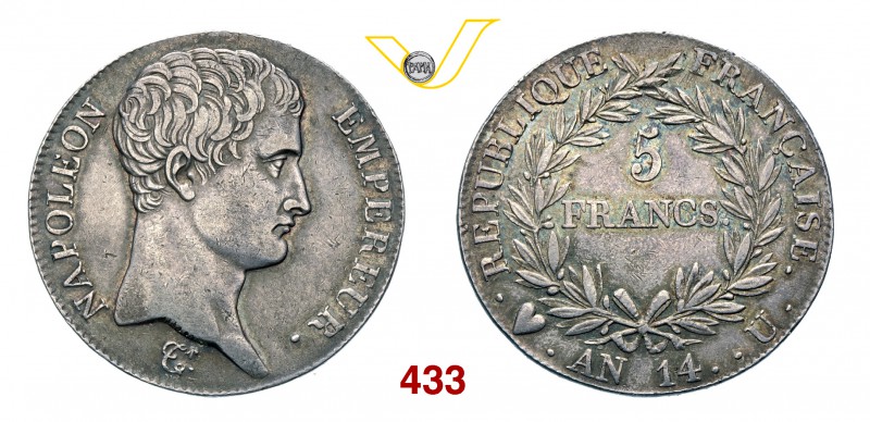 NAPOLEONE I, Imperatore (1804-1814) 5 Franchi An. 14 (1805) Torino. Pag. 26 Ag g...