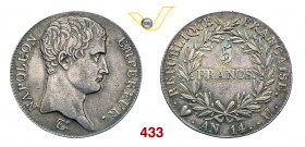 NAPOLEONE I, Imperatore (1804-1814) 5 Franchi An. 14 (1805) Torino. Pag. 26 Ag g 24,96 Molto rara • Moneta rara, specie in questa conservazione q.SPL...
