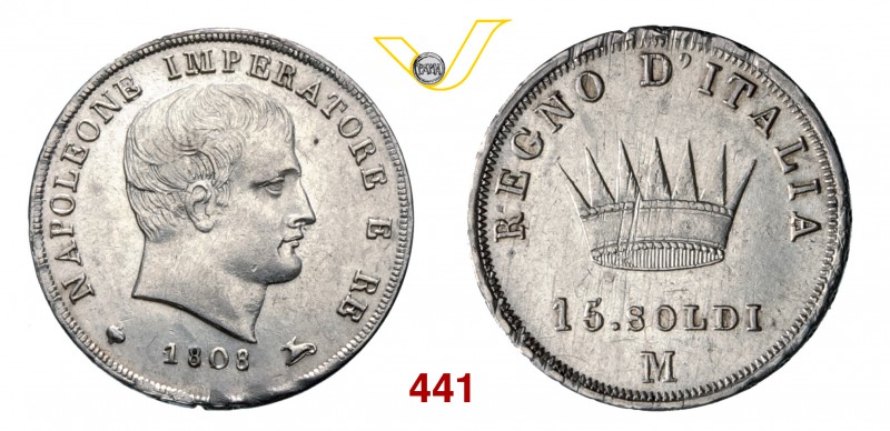 NAPOLEONE I, Imperatore (1804-1814) 15 Soldi 1808 Milano. Pag. 48 Ag g 3,72 Rara...
