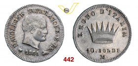 NAPOLEONE I, Imperatore (1804-1814) 10 Soldi 1808 Milano, T/ con stellette in rilievo. Pag. 52 Ag g 2,48 Rara BB/SPL