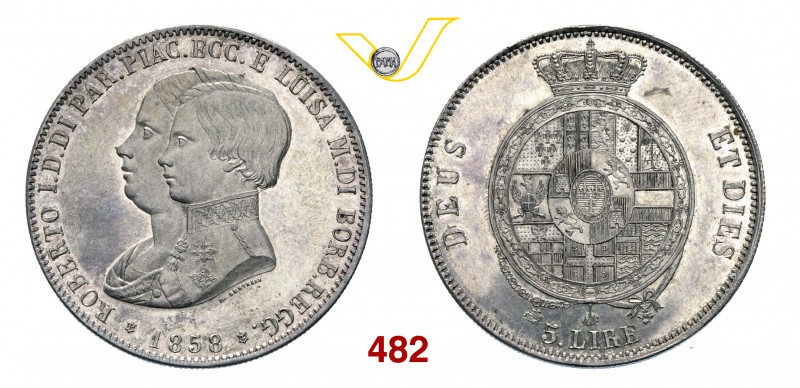 ROBERTO I DI BORBONE (1854-1859) 5 Lire 1858. Pag. 20 Ag g 25,00 Molto rara • Ri...