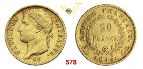 NAPOLEONE I, Imperatore (1804-1814) 20 Franchi 1813 Genova. Pag. 23 Varesi 152 Au g 6,43 Molto rara BB