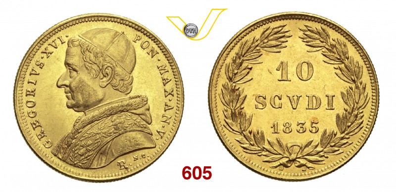 GREGORIO XVI (1831-1846) 10 Scudi 1835 V, Roma. Pag. 135 Au g 17,36 Rara SPL/q.F...