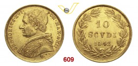 GREGORIO XVI (1831-1846) 10 Scudi 1842 XII, Bologna. Pag. 135 Au g 17,35 Molto rara q.SPL