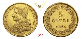 GREGORIO XVI (1831-1846) 5 Scudi 1835 V, Roma “legenda interrotta al D/”. Pag. 174 Au g 8,64 Rara SPL