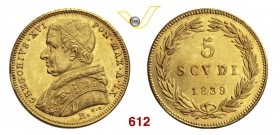 GREGORIO XVI (1831-1846) 5 Scudi 1839 IX, Roma. Pag. 181 Au g 8,67 Molto rara SPL+