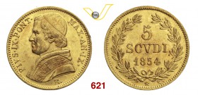 PIO IX (1846-1878) 5 Scudi 1854 IX, Roma. Pag. 352 Au g 8,63 SPL÷FDC