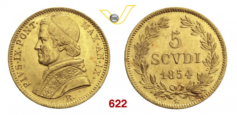 PIO IX (1846-1878) 5 Scudi 1854 IX, Roma. Pag. 352 Au g 8,68 SPL÷FDC