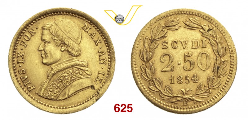 PIO IX (1846-1878) 2,5 Scudi 1854 IX, Bologna. Pag. 262 Au g 4,33 Rara • Un paio...