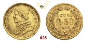 PIO IX (1846-1878) 2,5 Scudi 1854 IX, Bologna. Pag. 262 Au g 4,33 Rara • Un paio di mancanze di metallo SPL