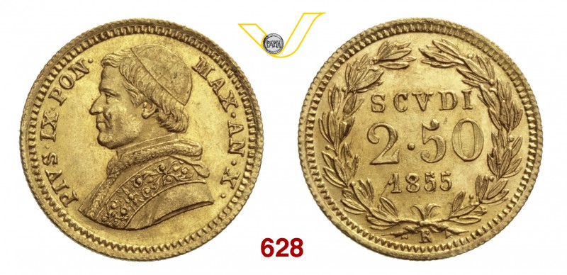 PIO IX (1846-1878) 2,5 Scudi 1855 X, Roma. Pag. 359 Au g 4,34 SPL/q.FDC