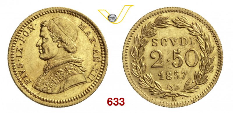 PIO IX (1846-1878) 2,5 Scudi 1857 XII, Roma. Pag. 364 Au g 4,31 SPL÷FDC