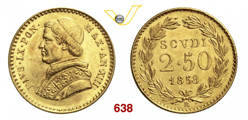 PIO IX (1846-1878) 2,5 Scudi 1858 XIII, Roma. Pag. 366 Au g 4,32 FDC