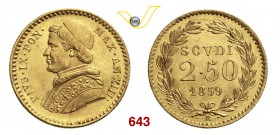 PIO IX (1846-1878) 2,5 Scudi 1859 XIII, Roma. Pag. 367 Au g 4,32 FDC
