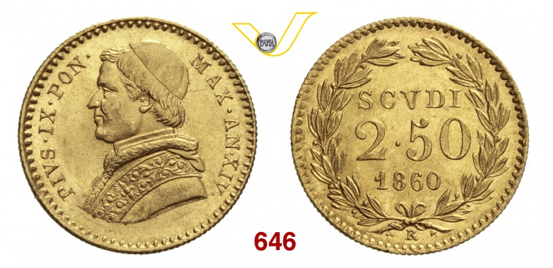 PIO IX (1846-1878) 2,5 Scudi 1860 XIV, Roma. Pag. 369 Au g 4,34 Rara q.FDC