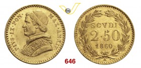 PIO IX (1846-1878) 2,5 Scudi 1860 XIV, Roma. Pag. 369 Au g 4,34 Rara q.FDC