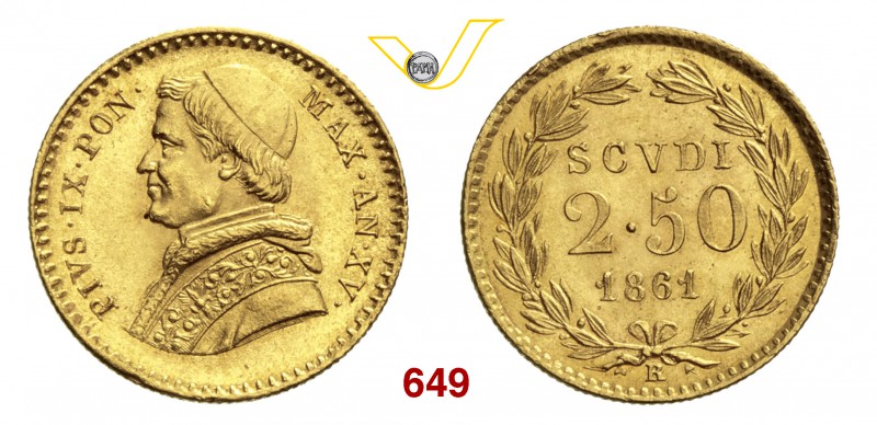 PIO IX (1846-1878) 2,5 Scudi 1861 XV, Roma. Pag. 371 Au g 4,33 q.FDC