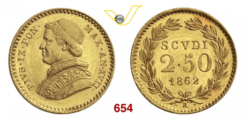 PIO IX (1846-1878) 2,5 Scudi 1862 XVI, Roma. Pag. 373 Au g 4,34 q.FDC