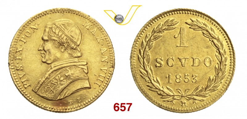 PIO IX (1846-1878) Scudo stretto 1853 VIII, Roma. Pag. 377 Au g 1,73 BB/SPL