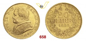 PIO IX (1846-1878) 20 Lire 1866 XXI, Roma. Pag. 529 Au g 6,45 SPL