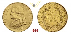 PIO IX (1846-1878) 20 Lire 1866 A. XXI, Roma. Varesi 173 Au g 6,42 q.SPL