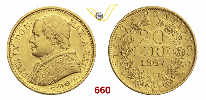 PIO IX (1846-1878) 20 Lire 1867 XXII, Roma “busto medio”. Pag. 531 Au g 6,44 BB/...