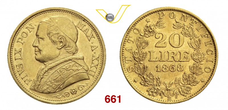 PIO IX (1846-1878) 20 Lire 1868 XXII, Roma “busto medio”. Pag. 532 Au g 6,44 SPL...