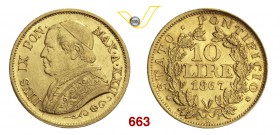 PIO IX (1846-1878) 10 Lire 1867 XXII, Roma. Pag. 542 Au g 3,22 SPL