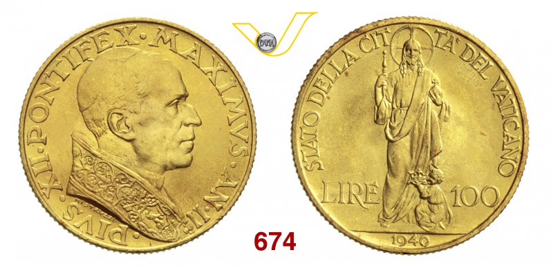 PIO XII (1939-1958) 100 Lire 1940 II, Roma. Pag. 706 Au g 5,20 Rara FDC