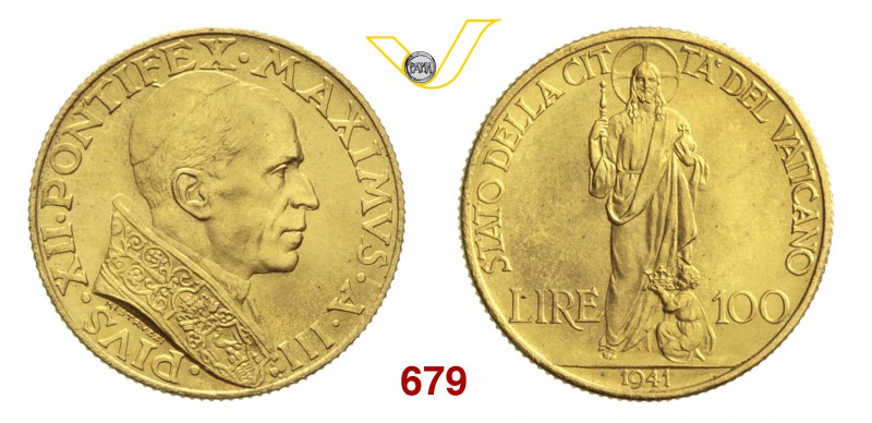 PIO XII (1939-1958) 100 Lire 1941 III, Roma. Pag. 707 Au 5,20 Rara FDC