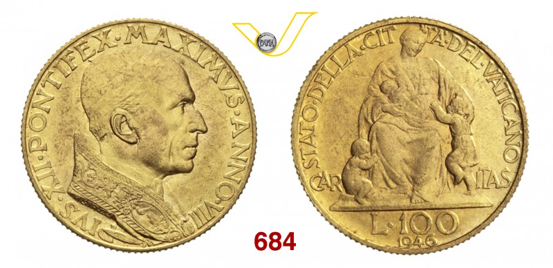 PIO XII (1939-1958) 100 Lire 1946 VIII, Roma. Pag. 712 Au g 5,19 Molto rara q.FD...
