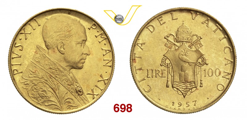 PIO XII (1939-1958) 100 Lire 1957 XIX, Roma. Pag. 723 Au g 5,20 Rara FDC