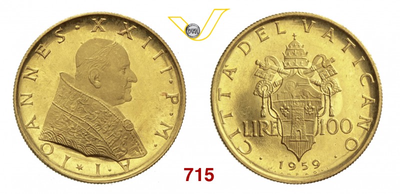 GIOVANNI XXIII (1958-1963) 100 Lire 1959 I, Roma. Pag. 866 Au g 5,20 Molto rara ...