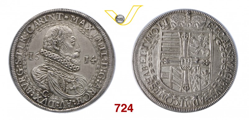 AUSTRIA MASSIMILIANO (1590-1618) Tallero 1614. Dav. 3320 Ag • PCGS MS65; l'esemp...