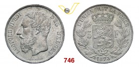 BELGIO LEOPOLDO II (1865-1909) 5 Franchi 1873. Kr. 24 Dav. 53 Ag g 25,00 SPL