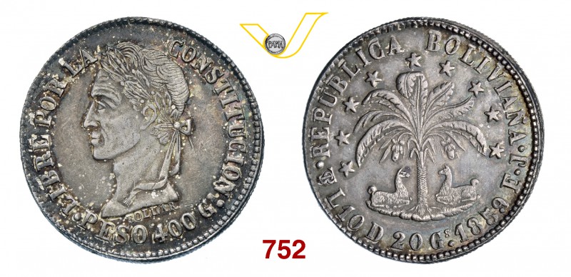 BOLIVIA REPUBBLICA (1825-...) Peso 1859, Potosi. Kr. 138.3 Ag g 19,57 • Bella pa...